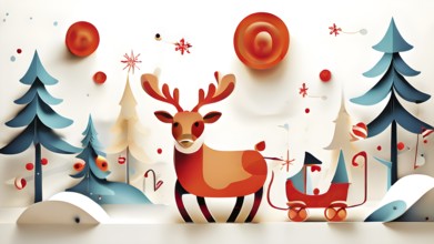 Whimsical abstract scene with stylized reindeer and sleighs to capture the magic of Christmas, AI