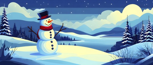 Abstract illustration of a snowman in an idyllic snowy winter landscape, hills and mountains and