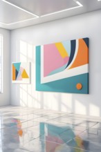 Art gallery with canvas and plastics in a 3D illustration, AI generated