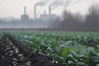 Agricultural field with growing cabbage and factory with grey fumes in blurry background.