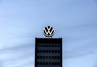 VW logo on the brand tower at the Group headquarters in Wolfsburg, 29/09/2024. The Volkswagen Group