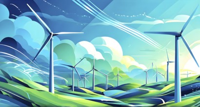 Abstract wallpaper illustration of interconnected wind turbines, represented by flowing lines and