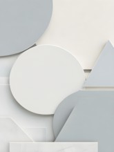 Minimalist composition of overlapping geometric shapes with clean lines and muted soft pastel