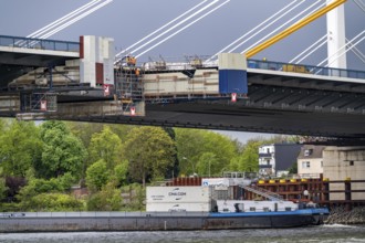 The new Rhine bridge Neuenkamp, the A40, white pillar ropes, and the old motorway bridge, which is