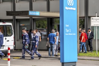 Steelworkers at a demonstration in front of the headquarters of ThyssenKrupp Steel Europe in