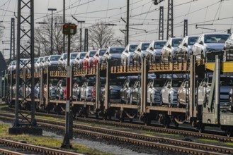 VW plant, Emden, new cars, car transporter, car train, goods train, with VW vehicles, Lower Saxony,