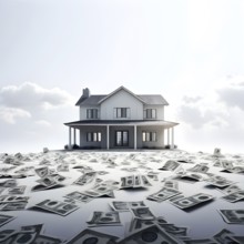 Minimalist render of a residential house with money scattered around as symbol of of investment