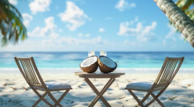 Beach scene with coconut, chairs and cocktail. Summer vacation and ocean in the background, AI