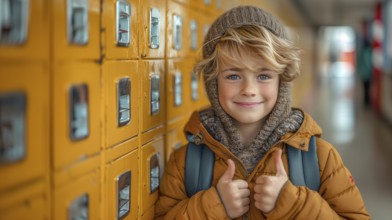 Cute caucasian school boy giving a thumbs up in the hallway of his school. generative AI, AI