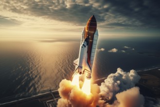 Aerial view of a rocket shuttle carrier launch at sunrise over an ocean coast. The rocket is