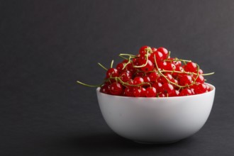 Fresh red currant in white bowl on black background. side view, copy space, close up