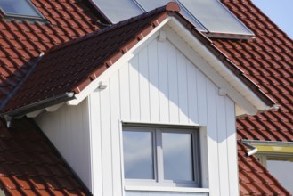 Large dormer window with wooden panelling on a tiled roof