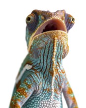 Beautiful expressive chameleon singing of talking isolated on a white background, AI generated