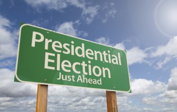 Presidential election just ahead green road sign over clouds and blue sky, AI generated