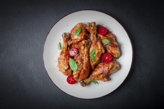 Fried chicken legs, in soy sauce, spices, herbs, top view, homemade