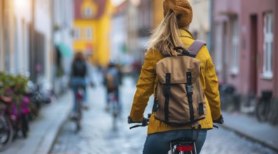 Happy young woman tourist is riding a bicycle on a European street, AI generated