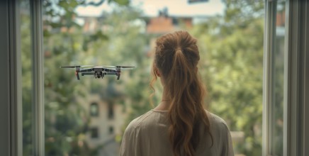 Woman seeing A UAV unmanned aircraft drone flying just outside the window of her house, AI