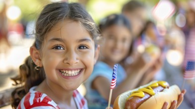 Cute girls celebrating with friends and family outdoors with hot dogs. generatvie AI, AI generated