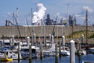 Seaport Marina IJmuiden, marina, sailing boats, yachts, behind the Tata Steel steel and smelting