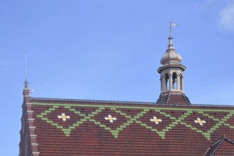 Roof with pattern and spire, ridge turret, roof tile, town hall, Zell am Harmersbach, Ortenau,