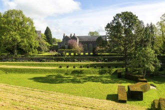 The Great Hall from the gardens at Dartington estate, Dartington, south Devon, England, UK