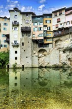 Pont en Royans. Houses hanging above river La Bourne. Isère. Auvergne-Rhone-Alpes. Vercors regional