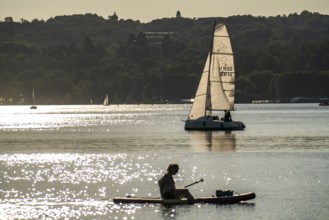 North-eastern part of Lake Baldeney, Stand up paddler, Sup, Essen, North Rhine-Westphalia, Germany,