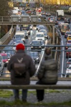 Traffic jam on the A40 motorway, city passage, Essen-Huttrop junction, traffic jam in both