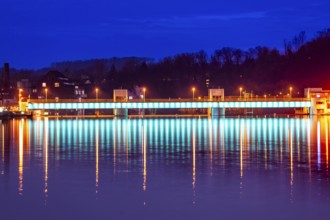 Lake Baldeney, illuminated weir, with lock, left and hydroelectric power plant power station,