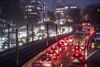 Traffic jam on the A40 motorway, Ruhrschnellweg, in Essen, in front of the Ruhrschnellweg tunnel,