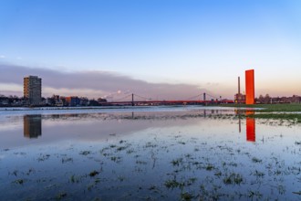 Rhine floods, Duisburg-Kaßlerfeld, floods, behind the Friedrich-Ebert-Rhine bridge, sculpture Rhine