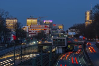 The skyline of Essen city centre, A40 motorway, Ruhr Expressway, North Rhine-Westphalia, Germany,