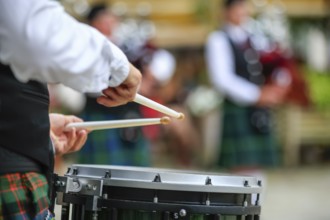 Snare drum players, bagpipe orchestra, pipe concert, Sigmaringen, Baden-Württemberg, Germany,