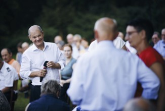 Federal Chancellor Olaf Scholz, (SPD), pictured during a citizens' dialogue in Seelow. 29.08.2024