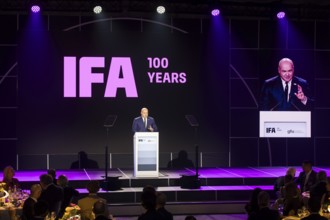 Leif-Erik Lindner, Managing Director of IFA Management GmbH speaks at the opening gala for 100