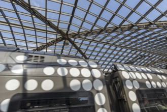 Local train and glass roof at Cologne Central Station, Cologne, Rhineland, North Rhine-Westphalia,