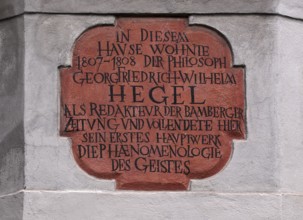 Memorial plaque, house of Georg Friedrich Wilhelm Hegel, Bamberg, Upper Franconia, Bavaria,