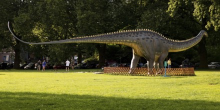 Diplodocus model, double beam on the lawn at the Mining Museum, Dino City III, Bochum, Ruhr area,