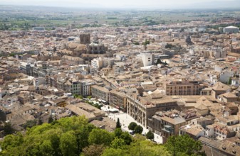 View of city centre and historic Moorish buildings in the Albaicin district of Granada, Spain seen