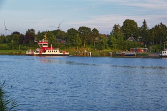 The Pillau canal ferry at the Sehestedt-Süd ferry terminal on the Kiel Canal. Sehestedt,