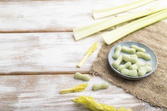 Jelly celery candies on white wooden background and linen textile. copy space, side view