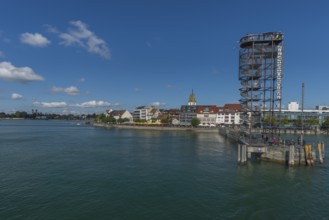 Townscape, lakeside promenade, Moleturm observation tower, church tower, St. Nicholas Church,