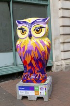 Big Hoot 2022, art trail event large painted owl sculpture in town centre, Ipswich, Suffolk,