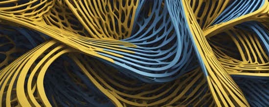 Abstract rendering of organic grid structure in a complex pattern in blue and yellow colors, AI