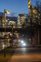 Skyline of the city centre of Frankfurt am Main, cyclist with light on the cycle path, pavement,