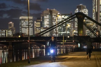 Skyline of the city centre of Frankfurt am Main, cyclist with light on the cycle path, pavement,