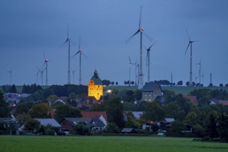 Wind farm above the village of Lichtenau, self-proclaimed energy town, houses with photovoltaic