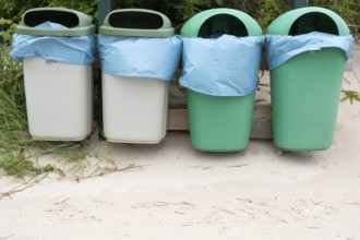 Several litter bins next to each other, Föhr, North Sea island, North Frisia, Schleswig-Holstein,