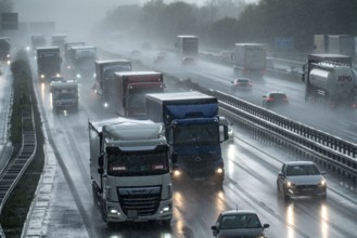 A2 motorway, at Recklinghausen motorway junction, heavy traffic during a thunderstorm, North