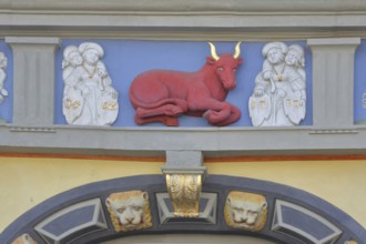 Sculpture relief with red ox figure with golden horns, golden, horns, red, figures, decorations,